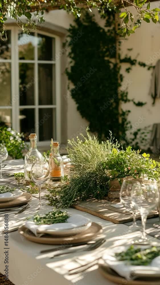A table with a white tablecloth and a bunch of plants on it. The table is set for a dinner party A table with a white tablecloth and a bunch of plants on it. The table is set for a dinner party