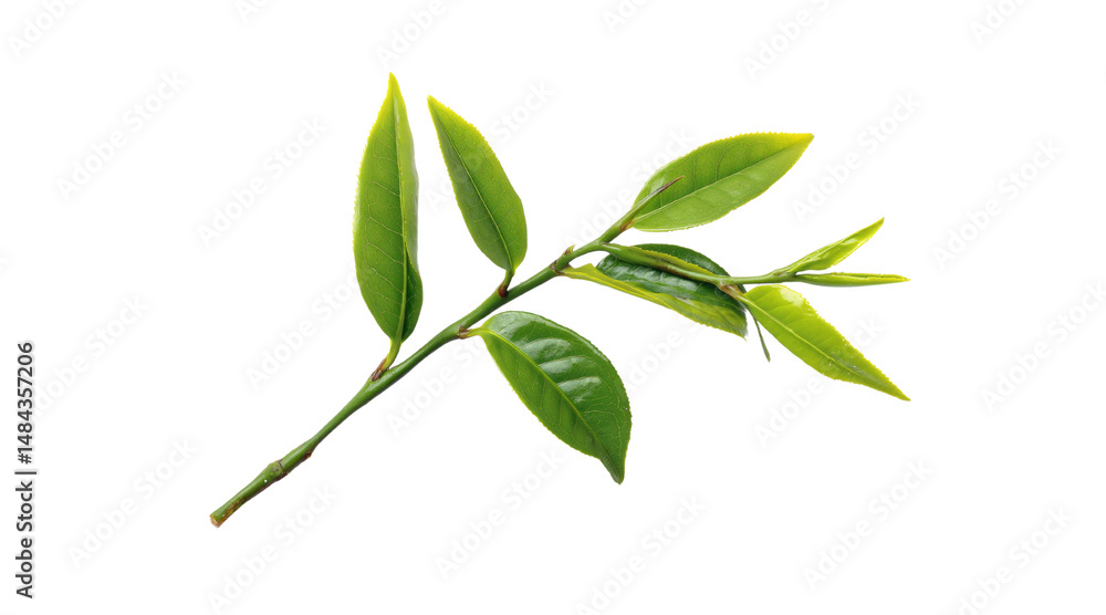 Fototapeta premium Tea branch with fresh green leaves isolated on a transparent background
