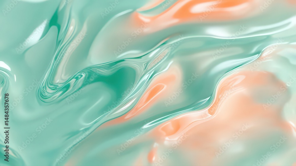 Obraz premium Abstract Fluid Pattern with Vibrant Streaks of Teal and Soft Orange on a Glossy Surface
