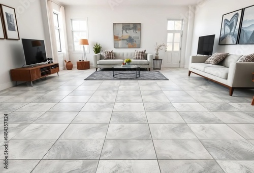 Large light gray square tiles arranged in a grid pattern on a living room floor,  backdrop,  texture