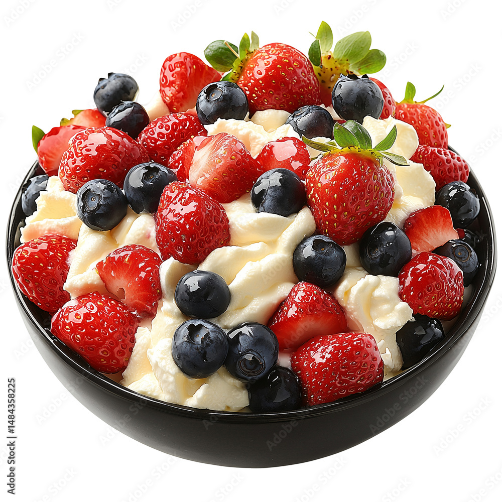 Obraz premium Delicious dessert strawberries blueberries and cream in bowl close up view isolated on transparent background png