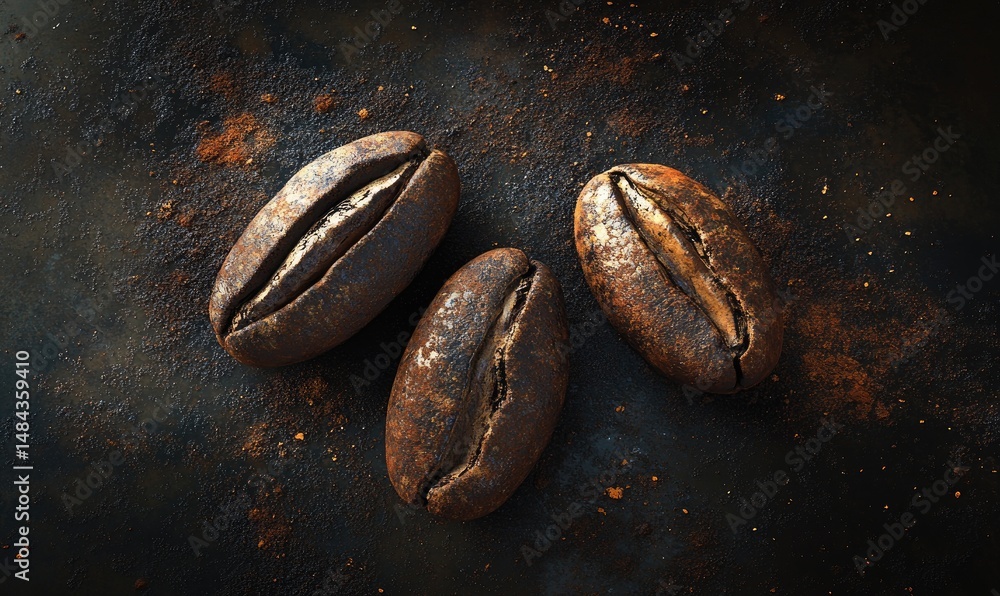 Three roasted coffee beans on dark surface with grounds Three roasted coffee beans on dark surface with grounds