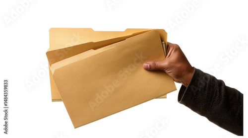 Hand holding a stack of manila file folders isolated on a transparent background