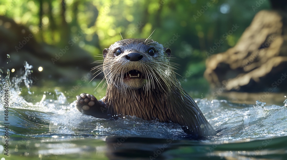 Playful Otter in Sunlit Stream: A Vibrant Wildlife Scene Playful Otter in Sunlit Stream: A Vibrant Wildlife Scene