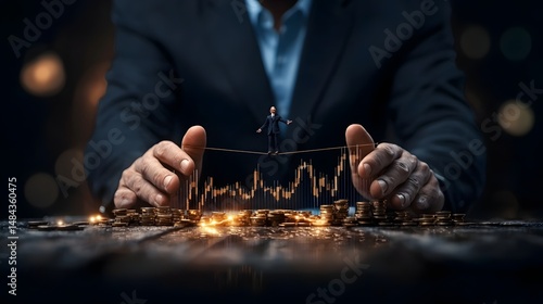 Tightrope walker delicately balancing on an upward trending interest rate graph symbolizing the financial risks and challenges businesses face navigating economic uncertainty and rate hikes