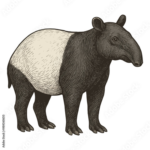 Asian Tapir Vector – Curved Snout Mammal with Black and White Coat