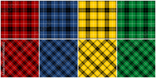 Straight and diagonal checkered seamless pattern in red, blue, yellow and green set. Vector tartan plaid pattern for flannel shirt, skirt, blanket, jacket, tablecloth, textile.