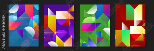 Four abstract geometric designs in vibrant colors; suitable for backgrounds, posters, and graphic design projects needing a modern touch.