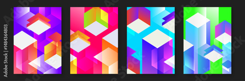Four colorful abstract geometric patterns suitable for web design, backgrounds, packaging, and print materials needing a modern touch.