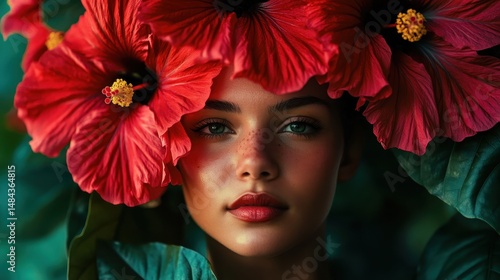 Hibiscus Flowers Crown Woman Beauty Portrait
