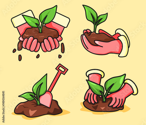 Colorful cartoon set of planting and gardening with gloves, seedlings, and soil  on soft yellow background