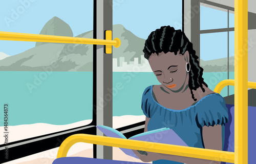 Graphic style art of a woman reading a book on a city bus. Art with a landscape of the city of Rio de Janeiro, Brazil, in the background.