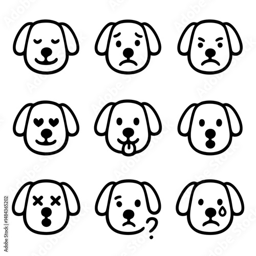 A set of doodle line icons featuring various dog faces showing emotions like happy, sad, angry, confused, surprised, and in love