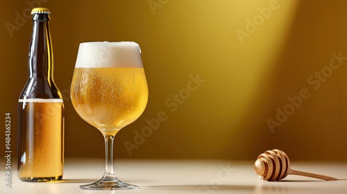 Refreshing craft beer with foamy head is poured into a stemmed glass next to a bottle and honey dipper on a bright neutral surface with golden backdrop.