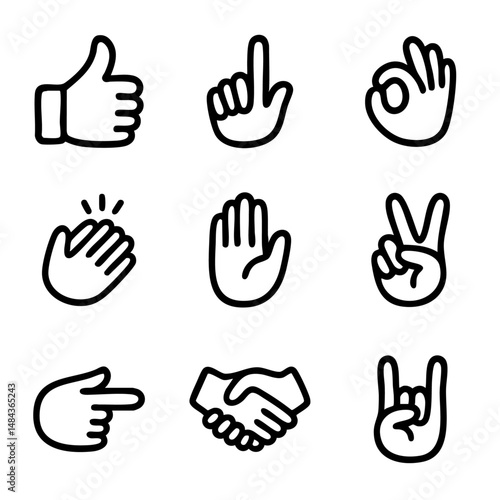 A set of doodle line icons showing various hand gestures including thumbs up, pointing, clapping, handshake, peace sign, and okay