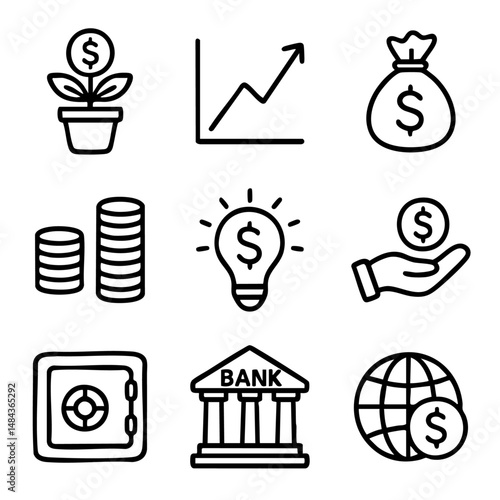 A set of doodle line icons representing finance topics like savings, investment, banking, growth, money, coins, and global economy