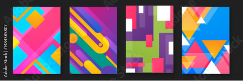 Four colorful abstract geometric patterns with various shapes. Great for backgrounds, textiles, packaging, and print designs needing modern design elements.