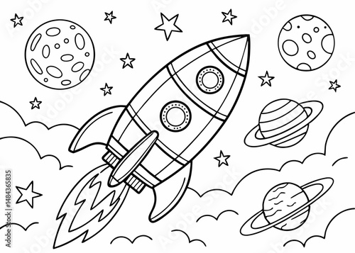 Coloring Page Outline Of cartoon Rocket with planets and stars
