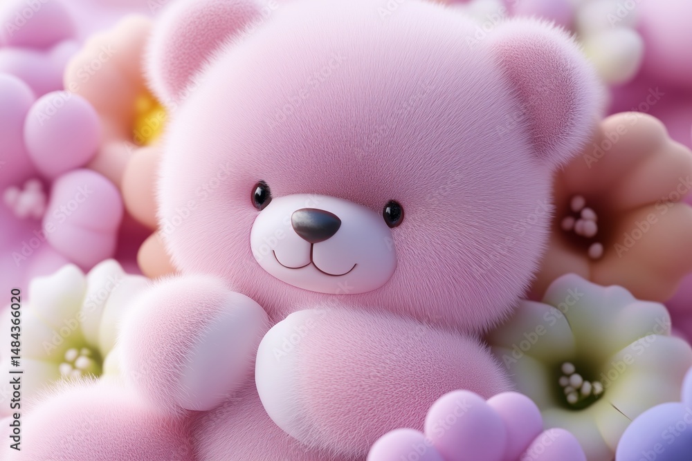 Fototapeta premium a fluffy cute bear smiling gently, surrounded by colorful flowers in pastel colors.