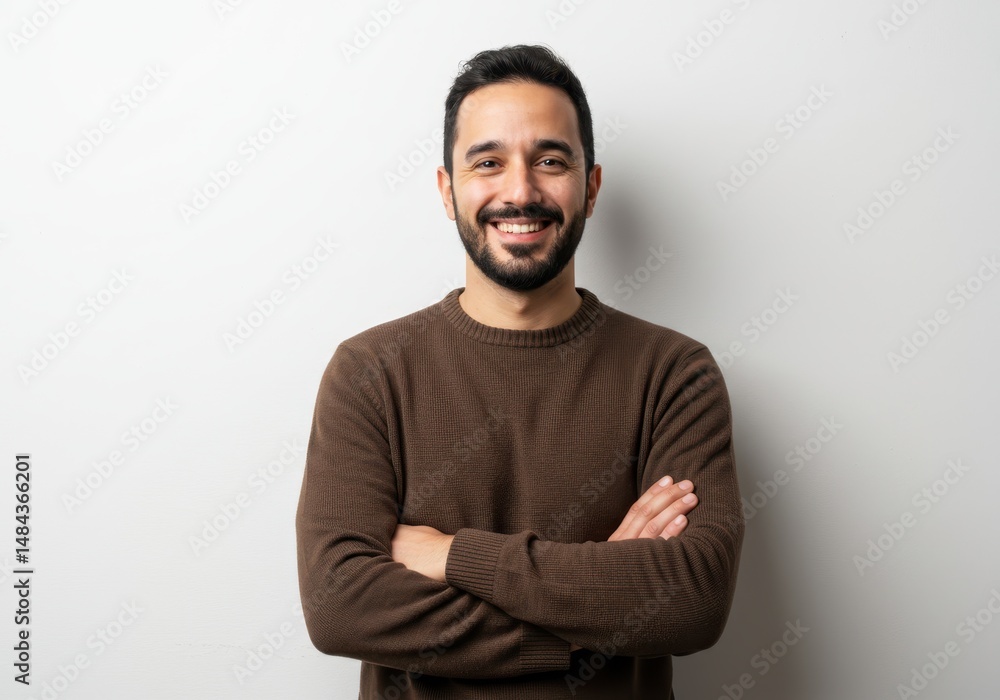 Portrait of a smiling man with a beard wearing a brown sweater and arms crossed Portrait of a smiling man with a beard wearing a brown sweater and arms crossed