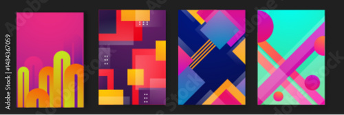 Four colorful abstract geometric designs suitable for backgrounds, packaging, textiles, and digital art projects needing vibrant patterns and shapes.