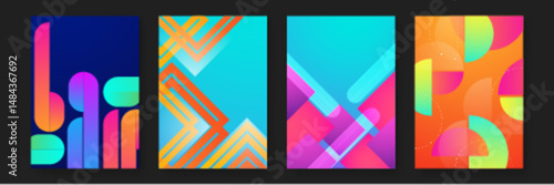 Four colorful abstract squares with geometric patterns ideal for modern designs, backgrounds, print materials or digital projects seeking vibrant elements.