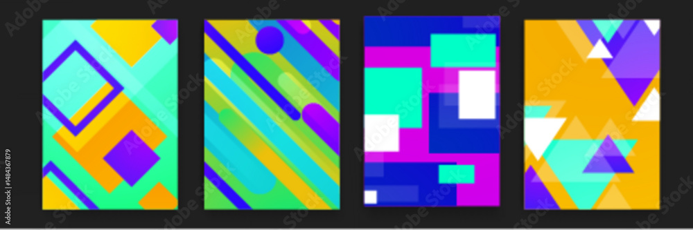 Abstract geometric designs with yellow, blue, purple, and green shapes. Suitable for backgrounds, digital art, and marketing materials. Abstract geometric designs with yellow, blue, purple, and green shapes. Suitable for backgrounds, digital art, and marketing materials.