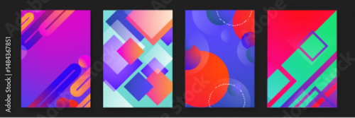 Four colorful abstract geometric designs perfect for web graphics, invitations, packaging, and branding materials needing a vibrant and modern touch.