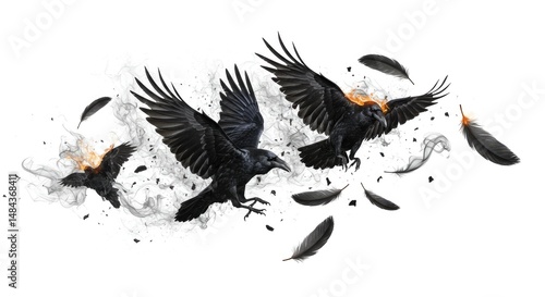 Digital artwork of black crows in flight and feathers drifting one ablaze set against a plain white background.
