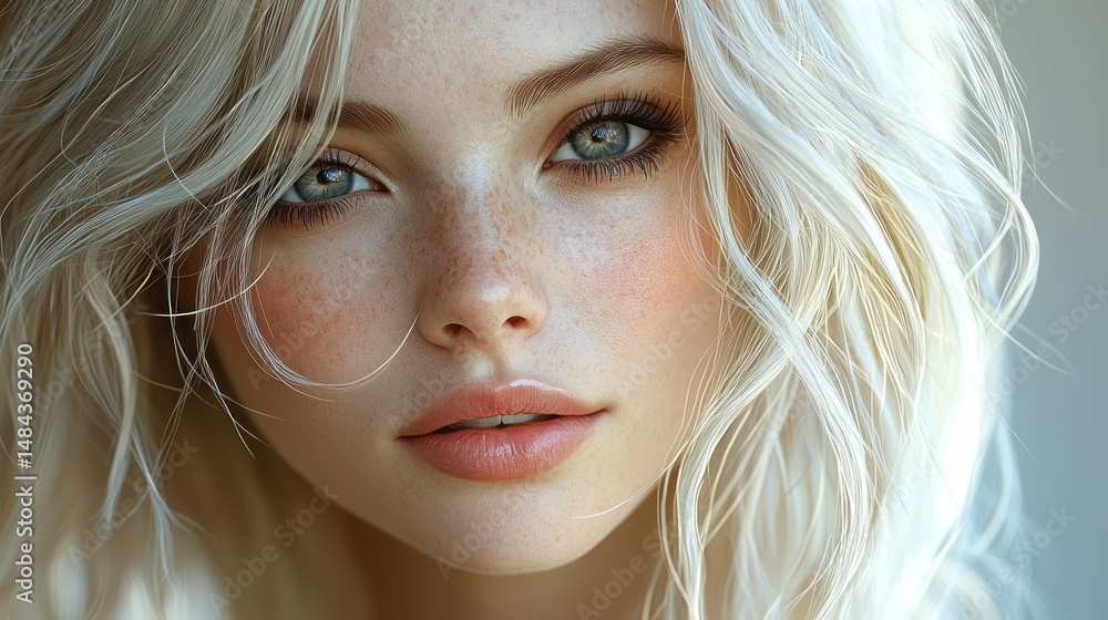 Naklejka premium Close-up portrait of a young woman with light blonde hair and freckles. Soft lighting highlights her features, creating a delicate and serene aesthetic