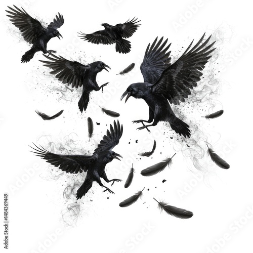 Digital artwork of black crows in flight and feathers drifting one ablaze set against a plain white background.
