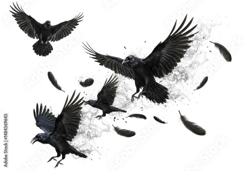 Digital artwork of black crows in flight and feathers drifting one ablaze set against a plain white background.
