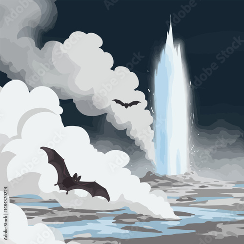 Bats Flying Near a Geyser Erupting in a Steamy Landscape