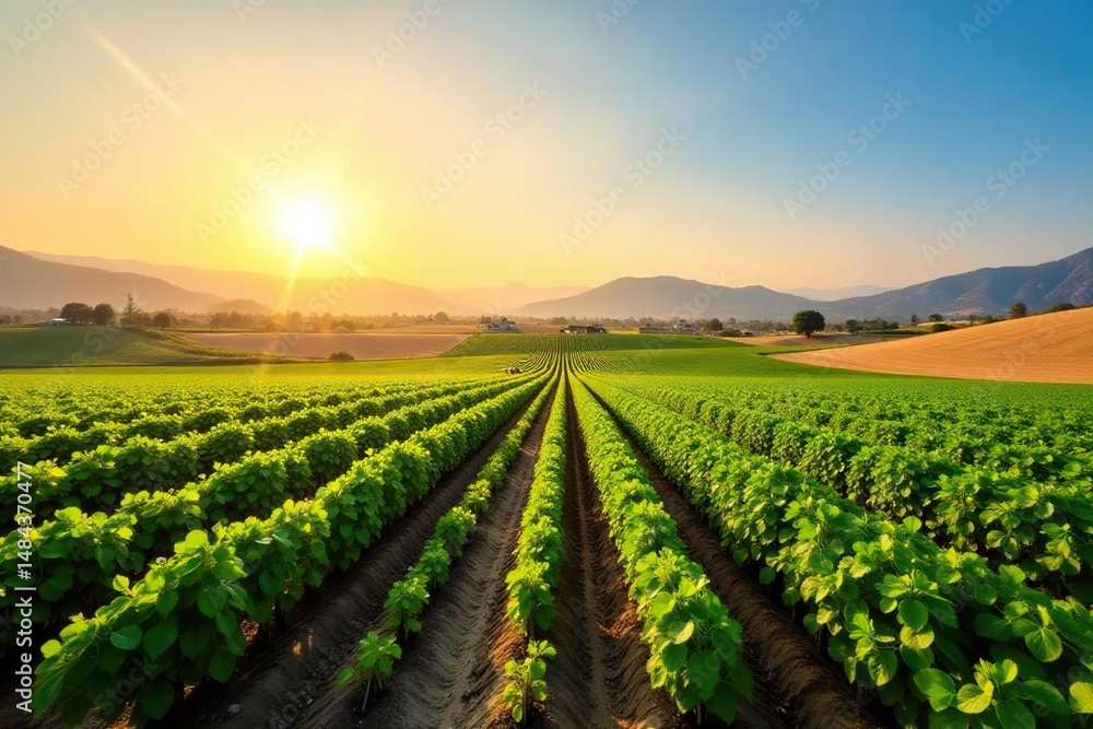 Sun-drenched California farmland, rows of crops, tractor, wheat, lettuce Sun-drenched California farmland, rows of crops, tractor, wheat, lettuce