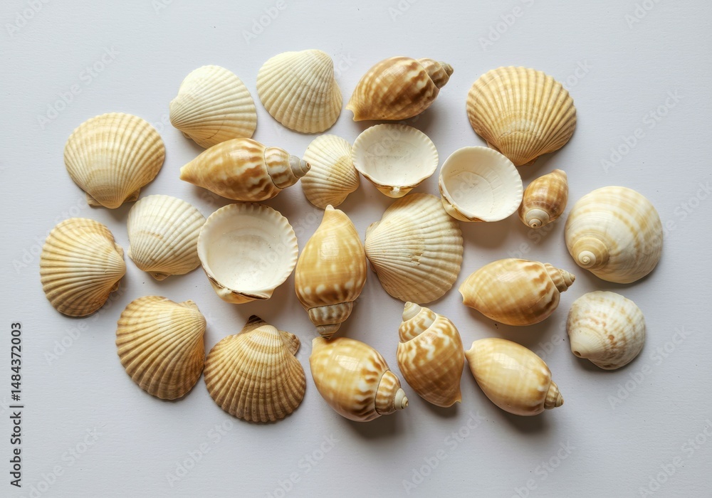 Collection of various seashells with different shapes and textures on a white background Collection of various seashells with different shapes and textures on a white background