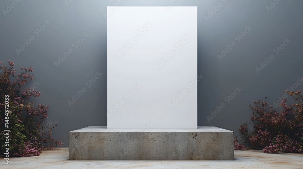 Obraz premium Minimal white vertical banner mockup with plants on sides for product advertisement and branding