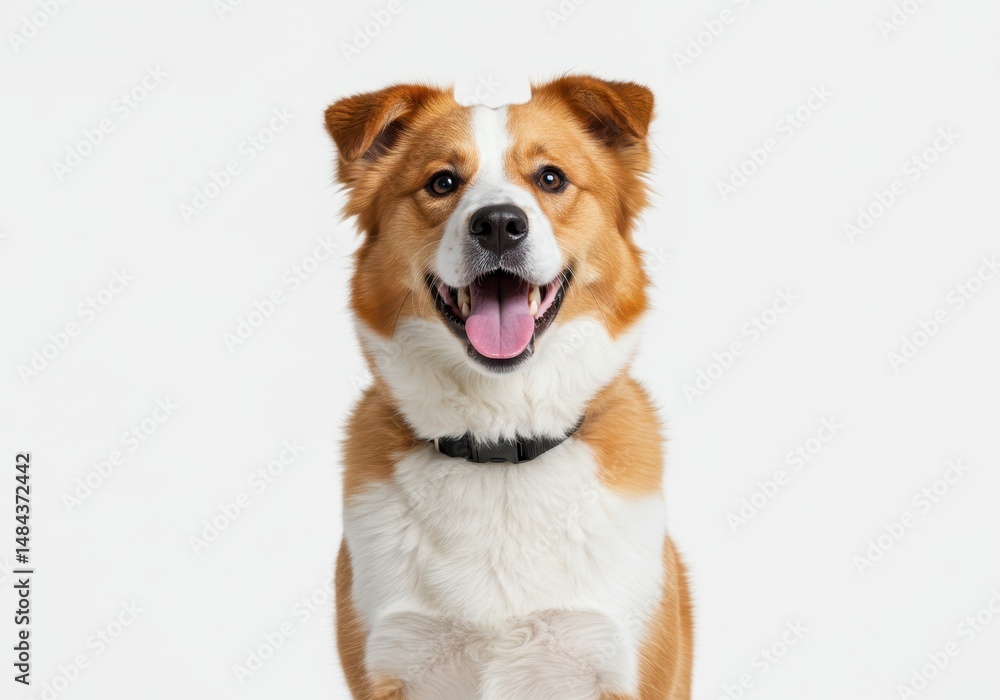 A happy dog with brown and white fur is looking directly at the camera with its mouth open A happy dog with brown and white fur is looking directly at the camera with its mouth open