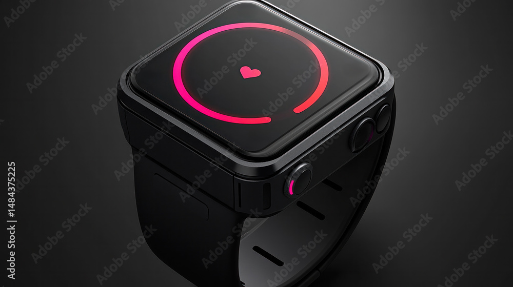Fototapeta premium A smartwatch with a heart symbol and a red line. The watch is black and the heart is red. The red line indicates progress or achievement