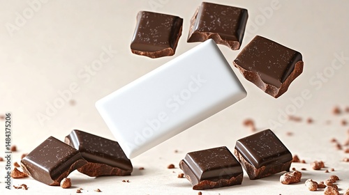 Top view of white chocolate bar surrounded by chunks on brown background for product packaging mockup.
