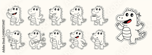 Cute Dino Cutting Line Guide for Kids Worksheet, Dinosaur Jumping, Playing Guitar, Blowing Bubbles