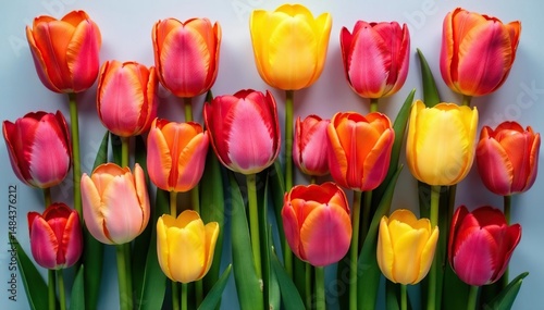 Bold stylized tulips arranged in a square grid , pattern, illustration