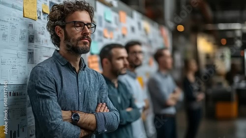 Focused team members stand near a collaborative wall