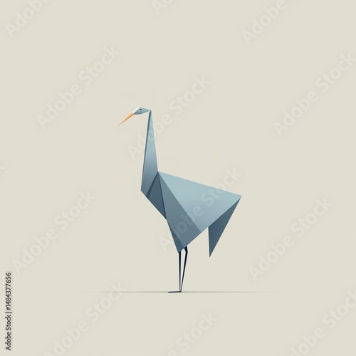 Minimalist Origami Heron. Blue Paper Bird Graphic Art Design