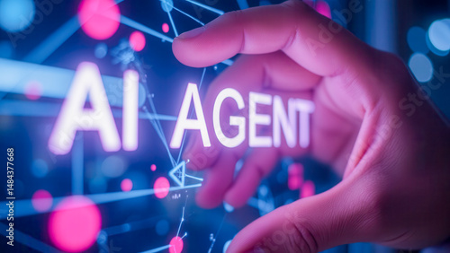 Hand Interacting with AI Agent Interface in Futuristic Digital Environment