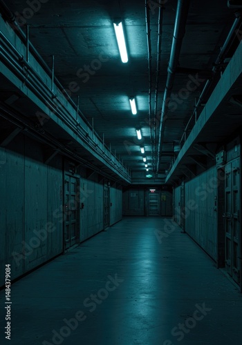 An eerie, deserted warehouse lit by blue lights, styled like a horror film with cinematic realism.
