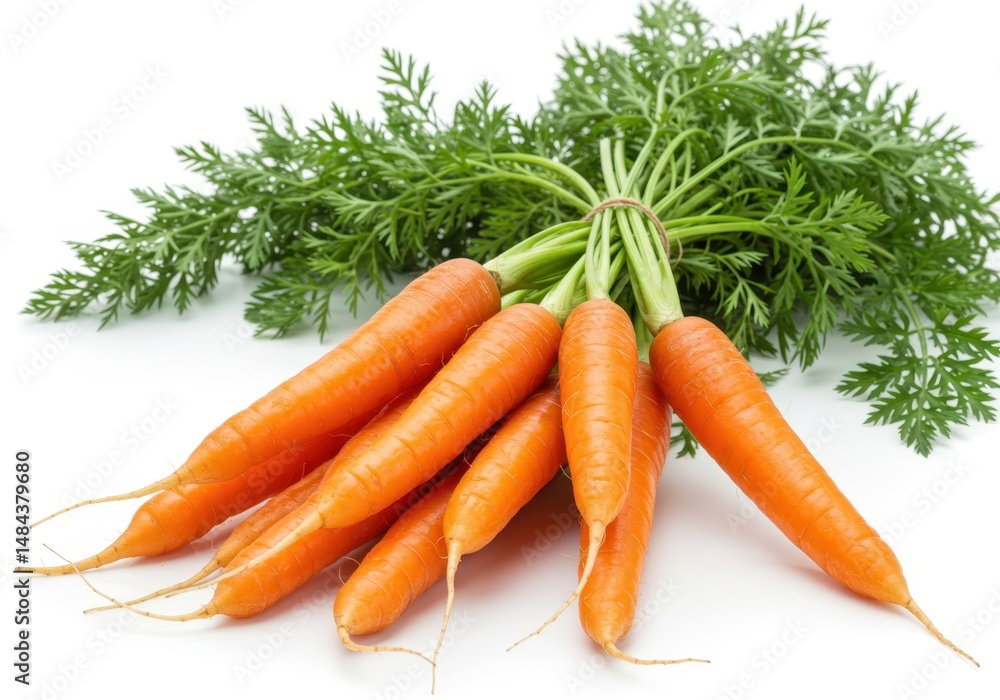 A bunch of fresh orange carrots with green leafy tops tied together on a white background A bunch of fresh orange carrots with green leafy tops tied together on a white background