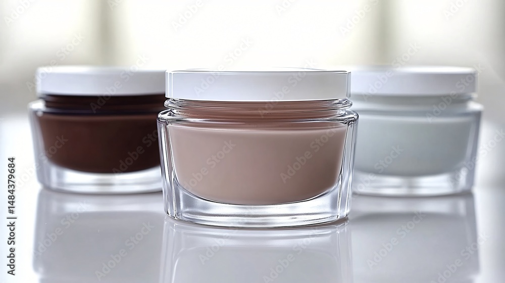Set of three cosmetic cream jars in neutral tones displayed on reflective surface in soft lighting Set of three cosmetic cream jars in neutral tones displayed on reflective surface in soft lighting