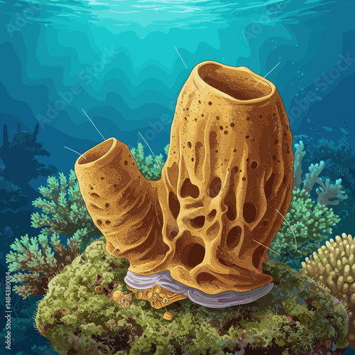 A large, porous sea sponge sits on the ocean floor with coral in a blue underwater scene.