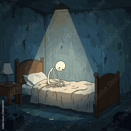 A lonely skeleton sits on a bed in a dark room illuminated by a single hanging light.