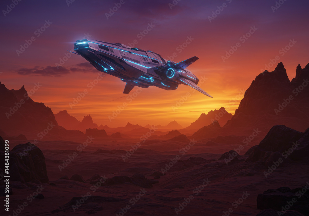 Fototapeta premium Spaceship flying over desert at sunset.